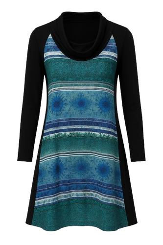 A Line Print Dress with Turtle Neck in Black