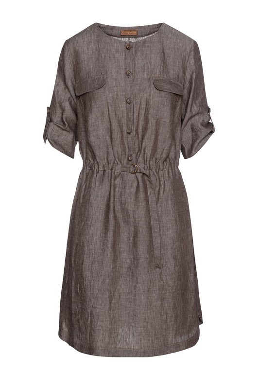 Straight Brown Linen Dress with Belt Detail