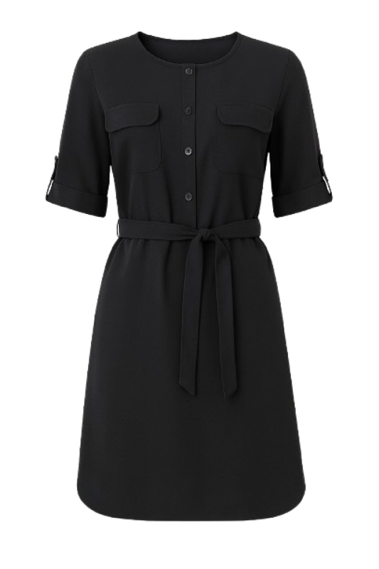 Straight Black Tencel Dress with Belt Detail