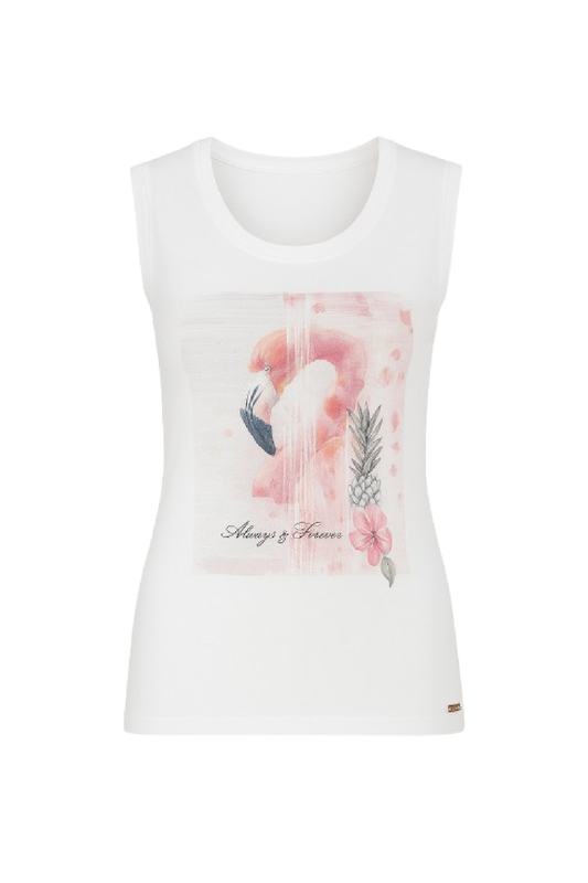 Sleeveless White Top with Multicoloured Print Detail