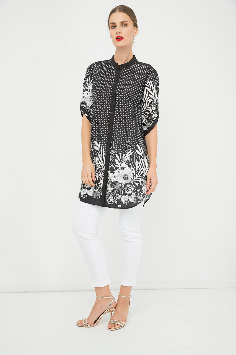 Conquista Πουκάμισο Μακρύ Casual Τυπωμενο Floral Ασπρο Μαυρο C181-301-42