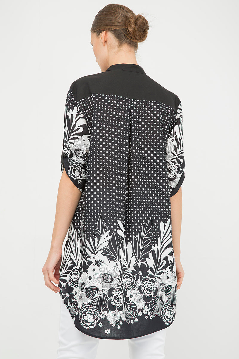 Conquista Πουκάμισο Μακρύ Casual Τυπωμενο Floral Ασπρο Μαυρο C181-301-42