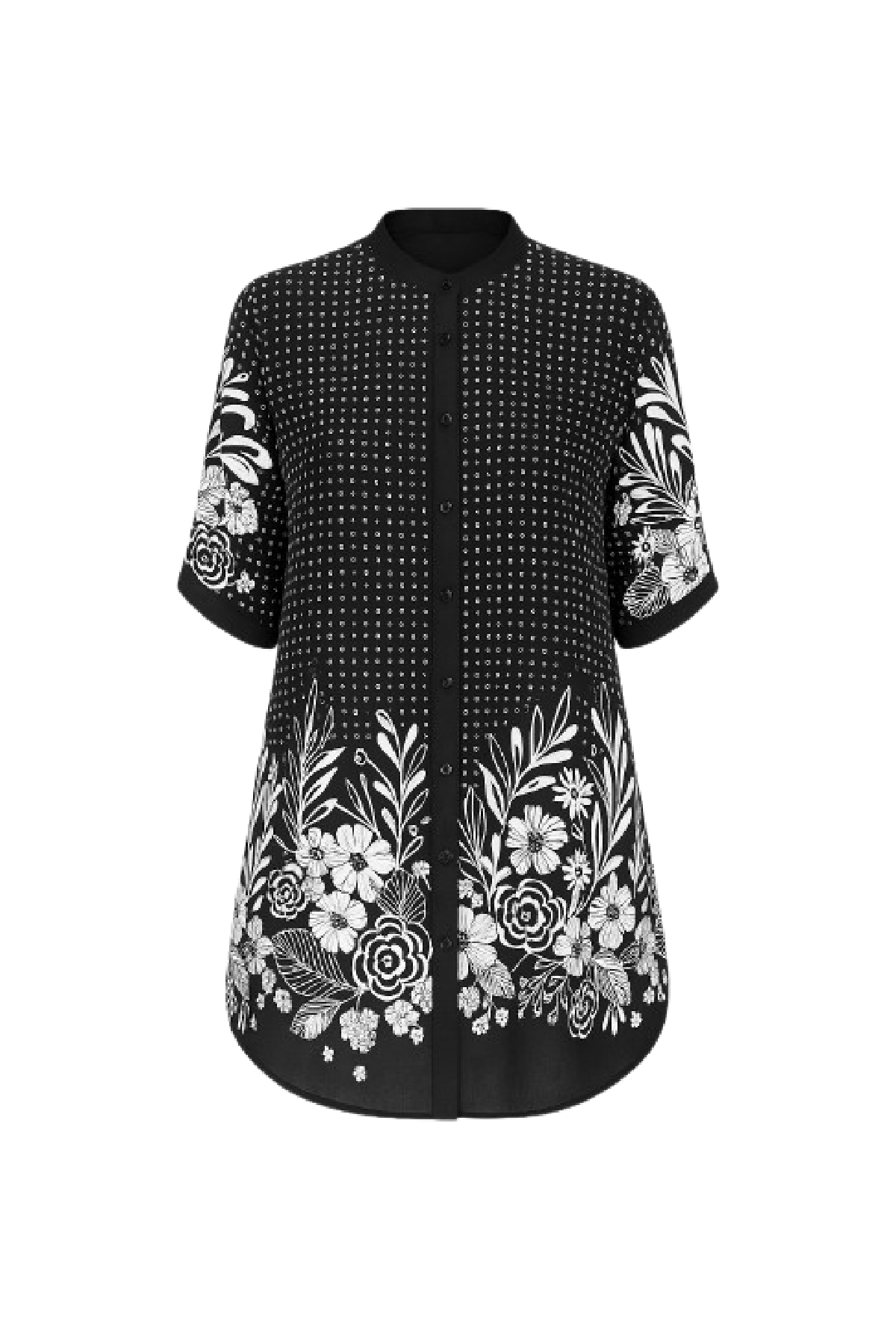 Conquista Πουκάμισο Μακρύ Casual Τυπωμενο Floral Ασπρο Μαυρο C181-301-42