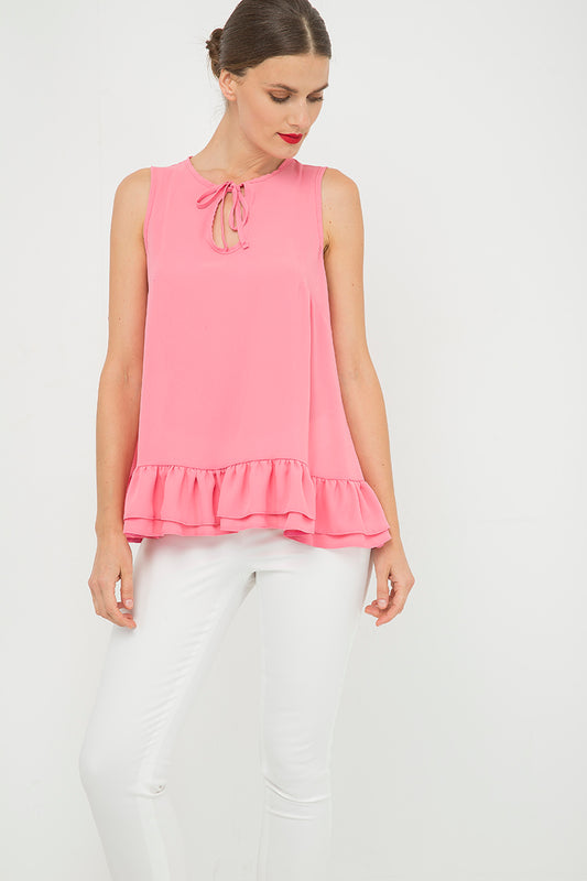 Conquista Μπλούζα Longline Casual Αμάνικη Με Βολάν Με Δέσιμο Μονόχρωμη Ροζ C181-404-61