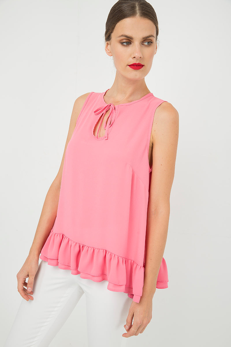 Conquista Μπλούζα Longline Casual Αμάνικη Με Βολάν Με Δέσιμο Μονόχρωμη Ροζ C181-404-61