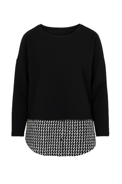 Houndstooth and Button Detail Long Sleeve Top with Optional Shirt Collar by Conquista Fashion
