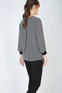 Long Sleeve Print Top with Tie and Cuff Detail