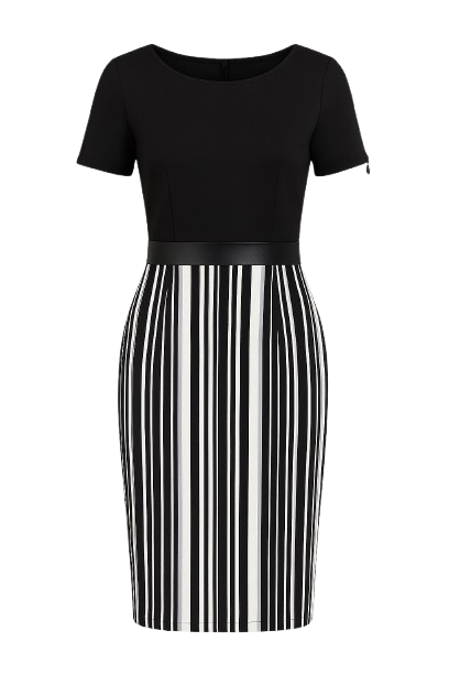 Stripe Detail Straight Dress With Zip & Pleather Detail