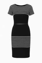 Load image into Gallery viewer, Fitted Lightweight Lined Midi Dress with Stripes and Faux Leather Detail