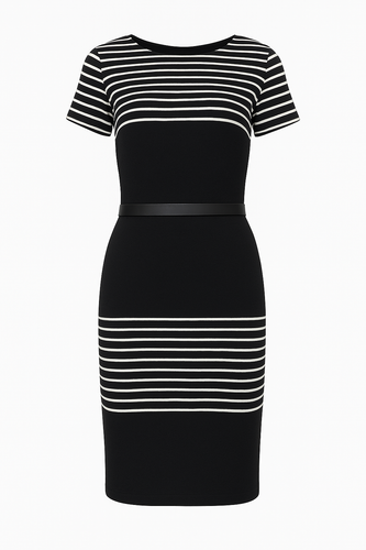Fitted Lightweight Lined Midi Dress with Stripes and Faux Leather Detail