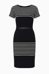 Fitted Lightweight Lined Midi Dress with Stripes and Faux Leather Detail