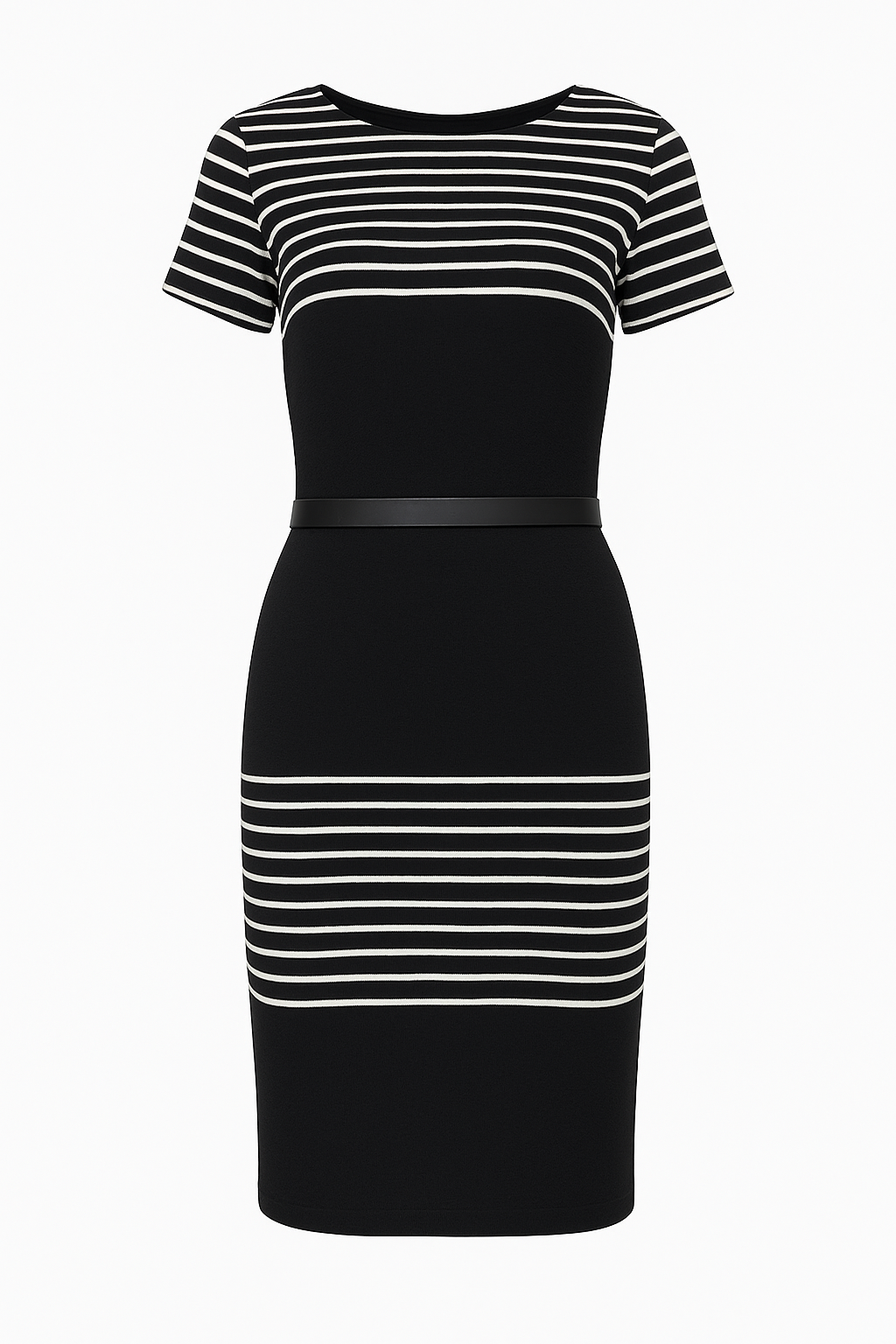 Fitted Lightweight Lined Midi Dress with Stripes and Faux Leather Detail