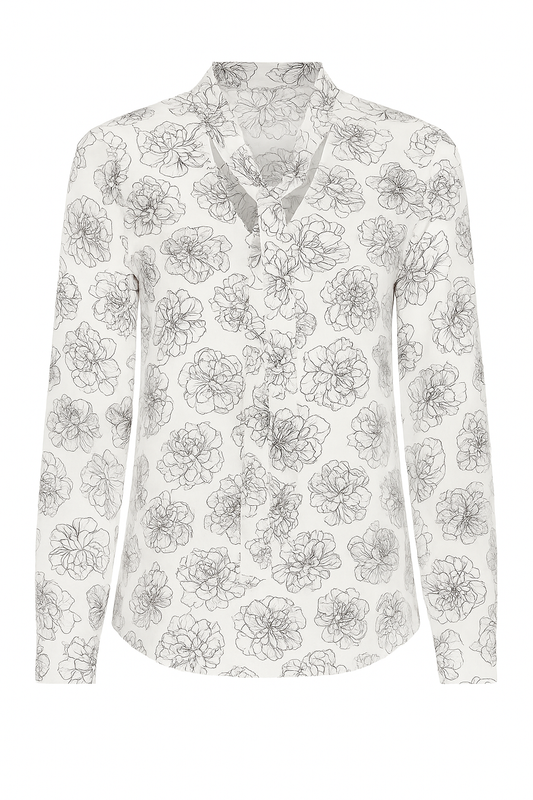 White Floral Viscose Blouse with Cutaway Collar
