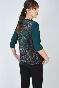 Contemporary Duo-Texture Top with Paisley Print and Solid Sleeves