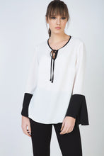 Load image into Gallery viewer, Contrast Detail Ecru Top with Long Bell Sleeves and Keyhole Tie Fastening by Conquista Fashion