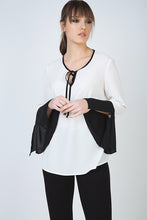 Load image into Gallery viewer, Contrast Detail Ecru Top with Long Bell Sleeves and Keyhole Tie Fastening by Conquista Fashion