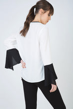 Load image into Gallery viewer, Contrast Detail Ecru Top with Long Bell Sleeves and Keyhole Tie Fastening by Conquista Fashion