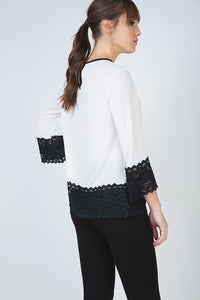Loose Fit Ecru Top with Black Lace Detail