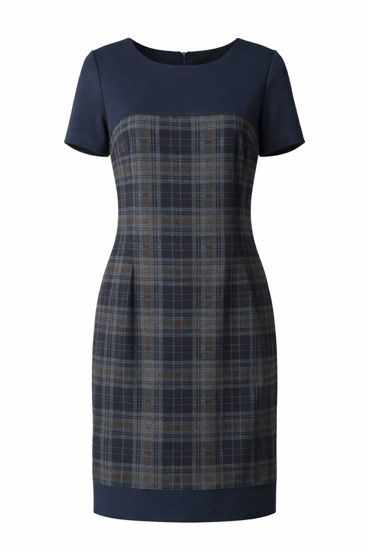 Tailored Check Panel Dress with Short Sleeves