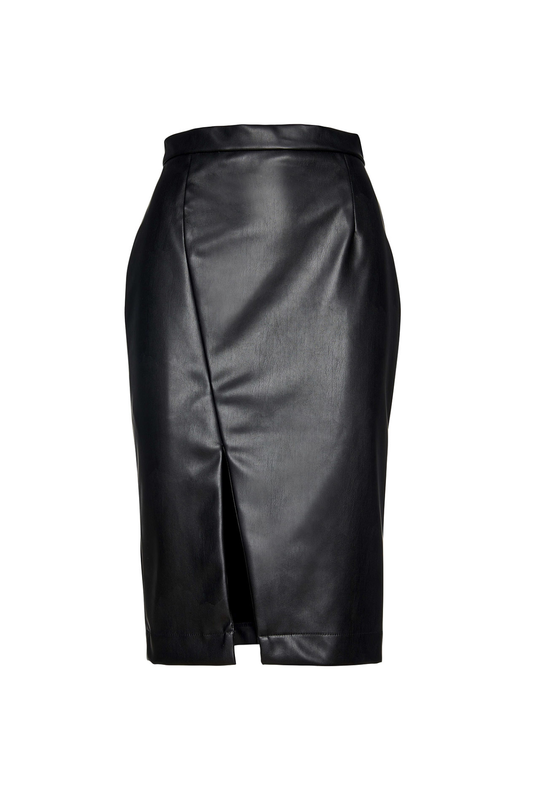 Black Faux Leather Pencil Skirt by Conquista Fashion