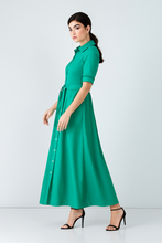 Load image into Gallery viewer, Teal Gabardine Cotton Shirt Dress with Belt and Decorative Stitching