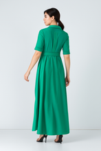 Load image into Gallery viewer, Teal Gabardine Cotton Shirt Dress with Belt and Decorative Stitching