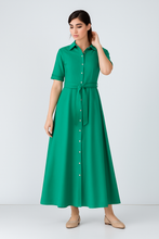 Load image into Gallery viewer, Teal Gabardine Cotton Shirt Dress with Belt and Decorative Stitching