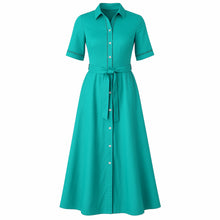 Load image into Gallery viewer, Teal Gabardine Cotton Shirt Dress with Belt and Decorative Stitching
