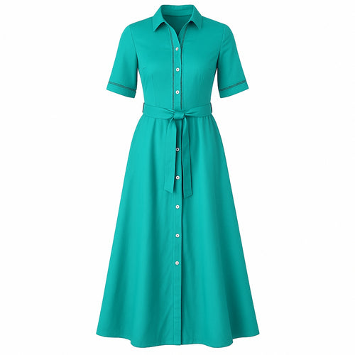 Teal Gabardine Cotton Shirt Dress with Belt and Decorative Stitching