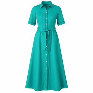 Teal Gabardine Cotton Shirt Dress with Belt and Decorative Stitching