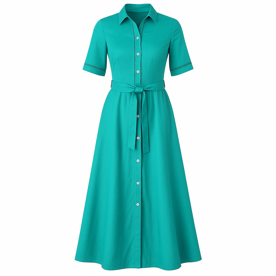 Teal Gabardine Cotton Shirt Dress with Belt and Decorative Stitching