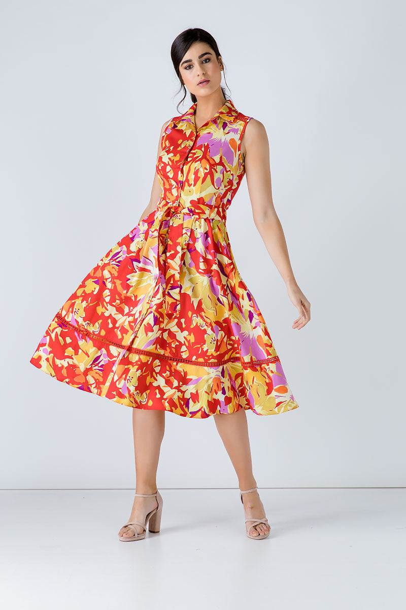 Conquista Φόρεμα Midi Casual Αμάνικο Με Ζώνη Floral Πολύχρωμο C191-123-30