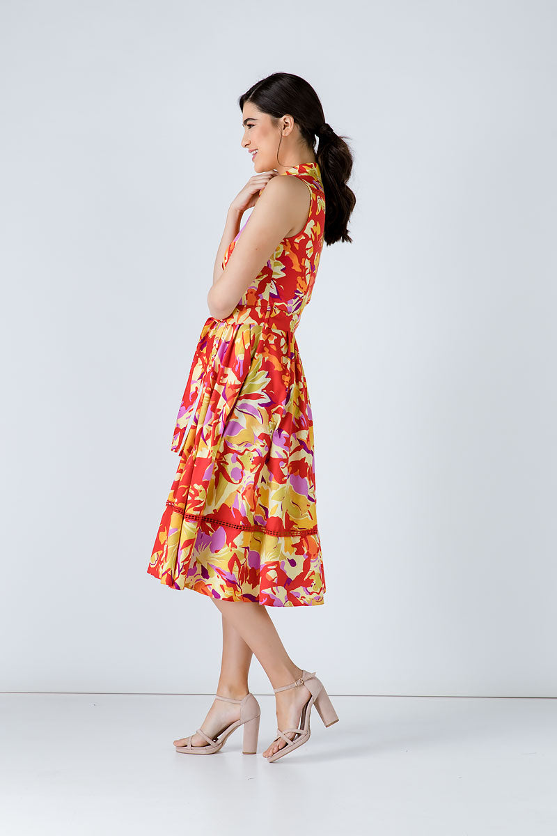 Conquista Φόρεμα Midi Casual Αμάνικο Με Ζώνη Floral Πολύχρωμο C191-123-30