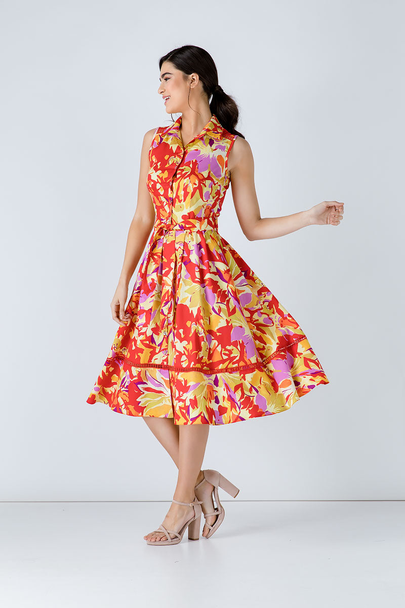 Conquista Φόρεμα Midi Casual Αμάνικο Με Ζώνη Floral Πολύχρωμο C191-123-30