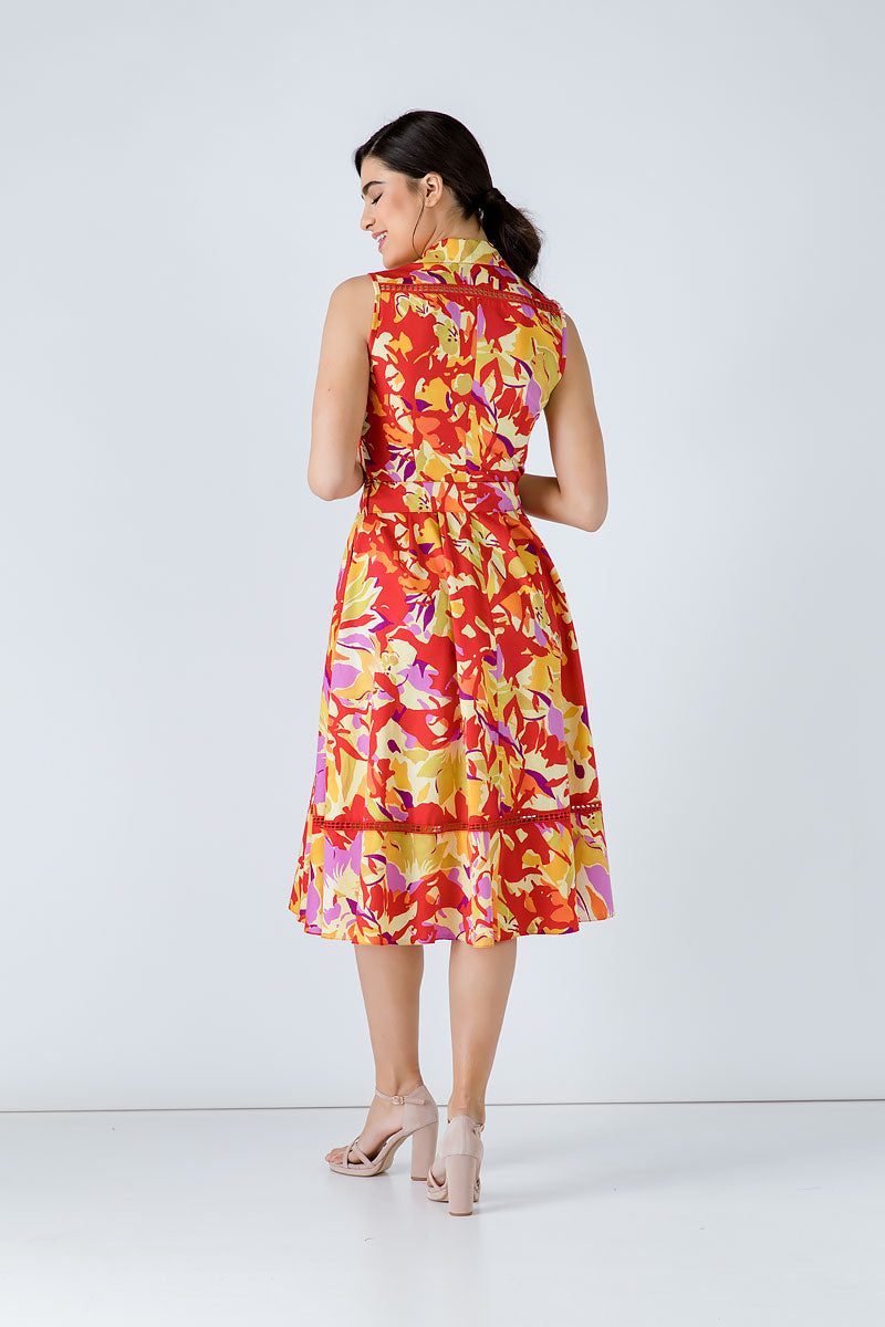 Conquista Φόρεμα Midi Casual Αμάνικο Με Ζώνη Floral Πολύχρωμο C191-123-30