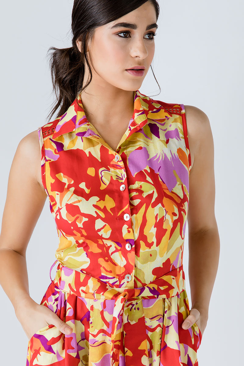Conquista Φόρεμα Midi Casual Αμάνικο Με Ζώνη Floral Πολύχρωμο C191-123-30