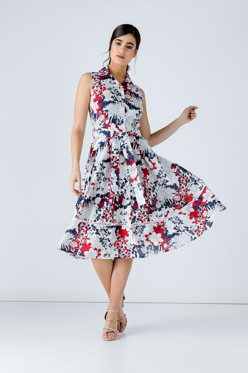 Conquista Φόρεμα Mini Casual Αμάνικο Με Γιακά & Ζώνη Floral Πολύχρωμο C191-125-41