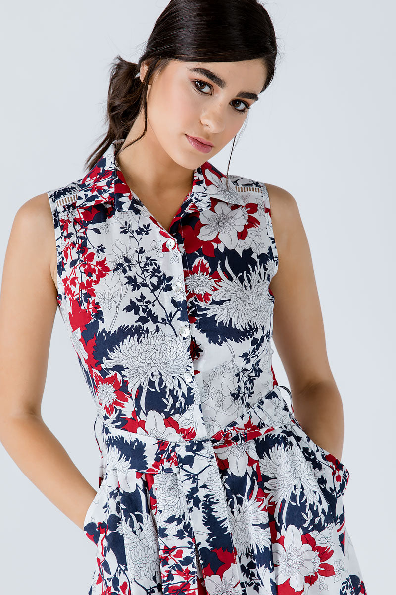 Conquista Φόρεμα Mini Casual Αμάνικο Με Γιακά & Ζώνη Floral Πολύχρωμο C191-125-41