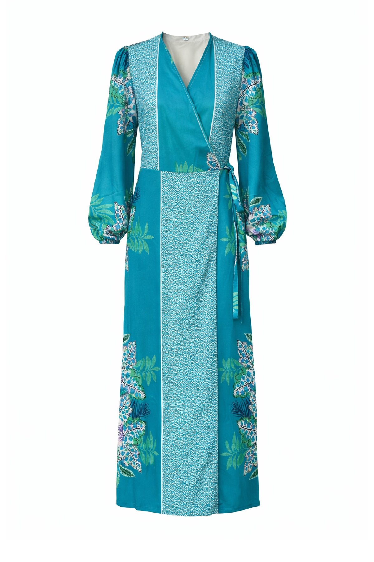 Μακρύ φόρεμα με κρουαζέ σχέδιο σε τιρκουάζ αποχρώσεις, με φλοράλ και γεωμετρικό σχέδιο