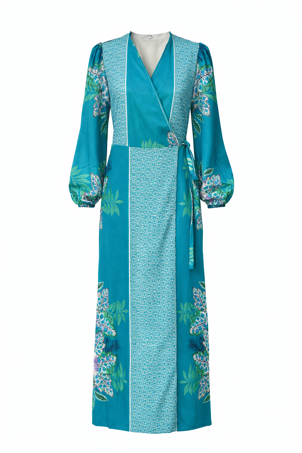 Long Wrap Dress with Floral and Geometric Print in Turquoise Tones
