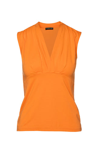 Orange Sleeveless V-Neck Fitted Top – Soft Viscose-Blend Fabric