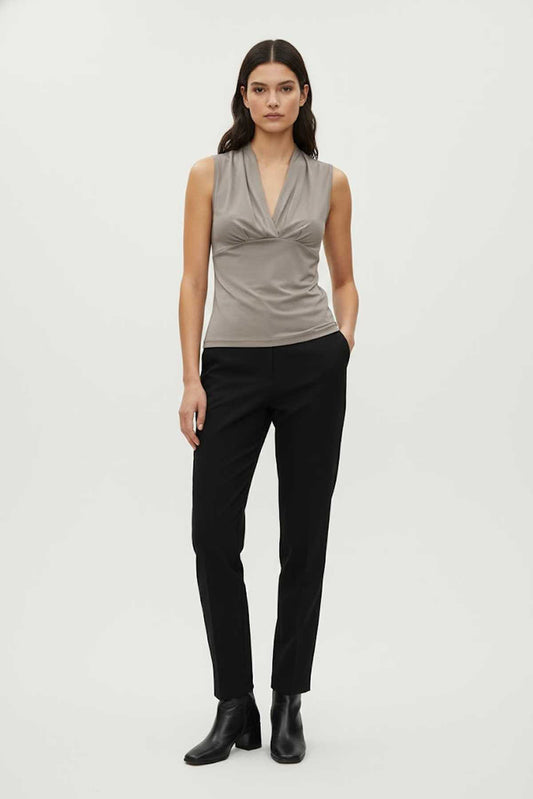 Sleeveless Drape-Front Jersey Top in Warm Taupe