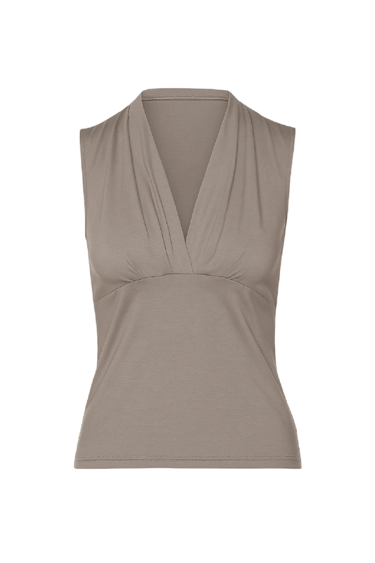 Sleeveless Drape-Front Jersey Top in Warm Taupe