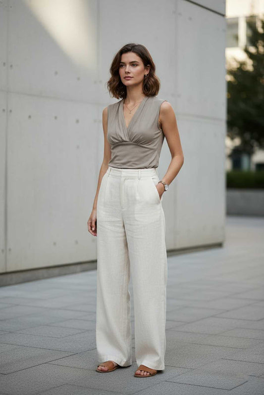 Sleeveless Drape-Front Jersey Top in Soft Greige