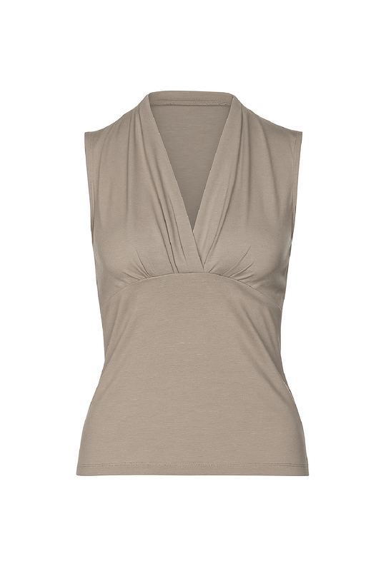 Sleeveless Drape-Front Jersey Top in Soft Greige