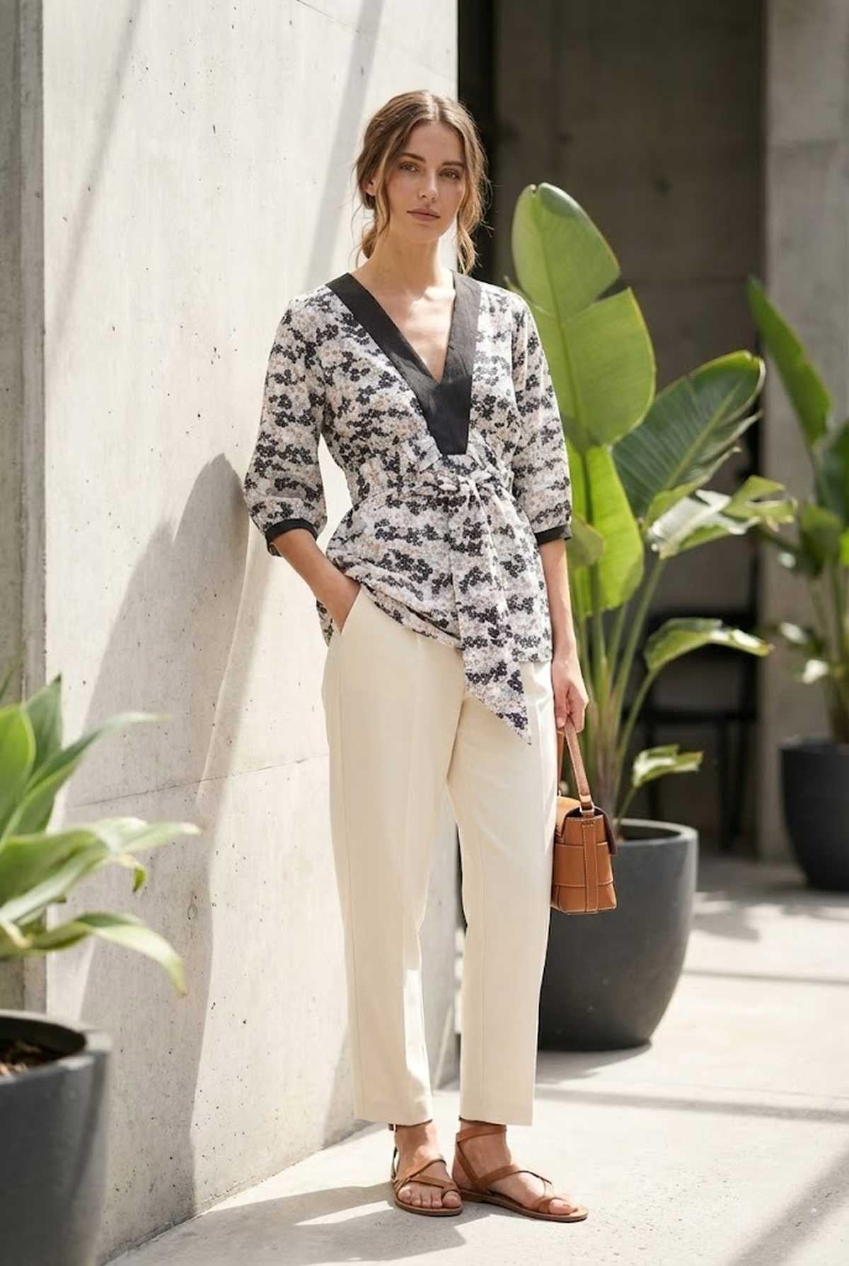 Conquista Μπλούζα Casual 3/4 Μανίκι V-Λαιμόκοψη Εμπριμέ Ασπρόμαυρη C202-220-32