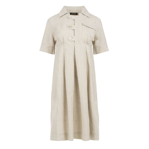 Empire Waist Linen-Cotton Dress with Button Details