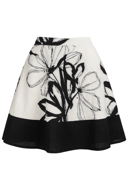 A-Line Floral Sketch Skirt with Contrast Black Hem