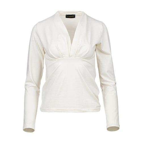 Elegant Ecru V-Neck Long Sleeve Jersey Top in Cotton-Blend