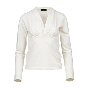 Elegant Ecru V-Neck Long Sleeve Jersey Top in Cotton-Blend